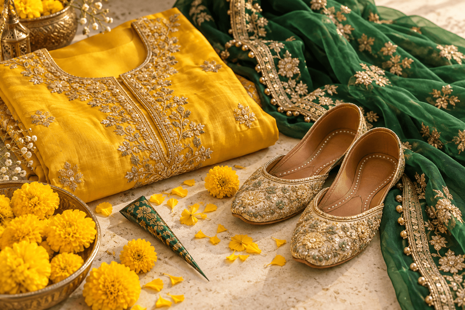 Turmeric, flowers and festive wedding details