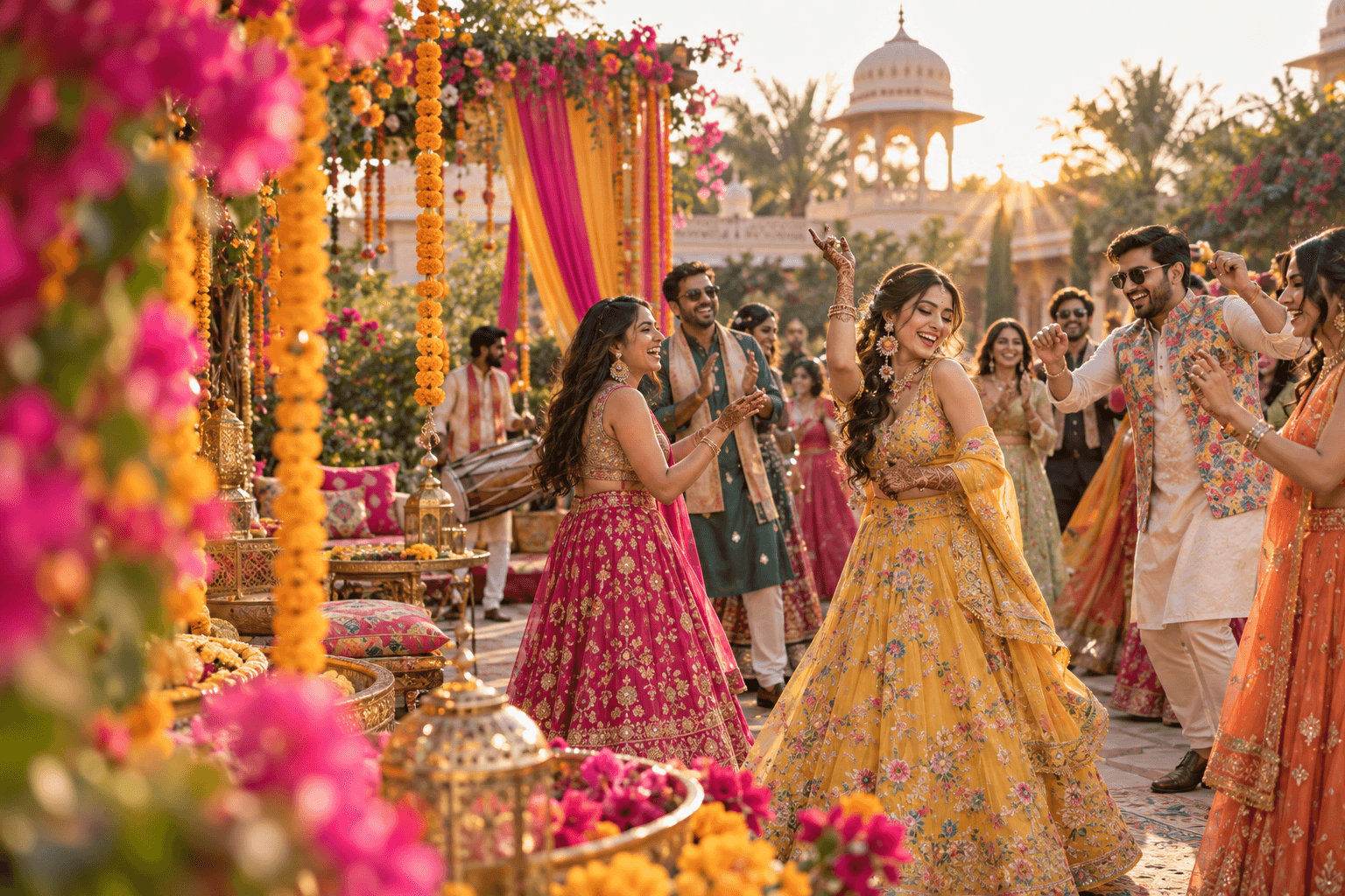 Guests celebrating amid flowers and colorful drapery at an outdoor sangeet