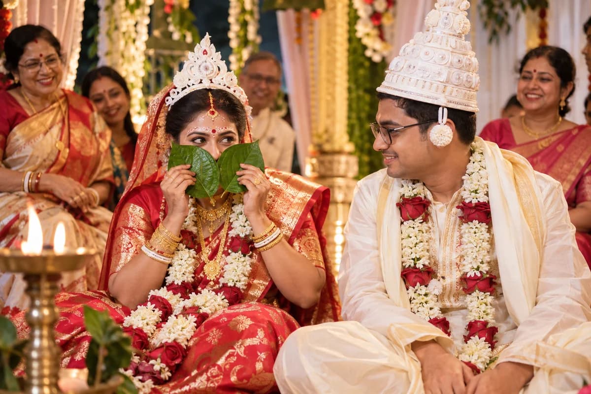 Illustrative AI-generated scene: Bengali bride with betel leaves and groom wearing a white topor