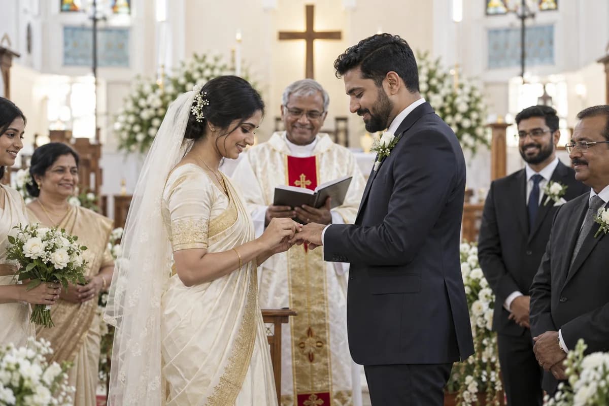 Illustrative AI-generated scene: Indian Christian couple exchanging rings in a church