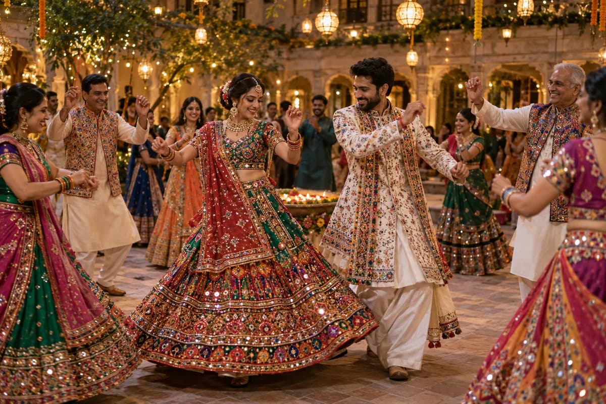 Illustrative AI-generated scene: Couple and family dancing garba in embroidered festive attire