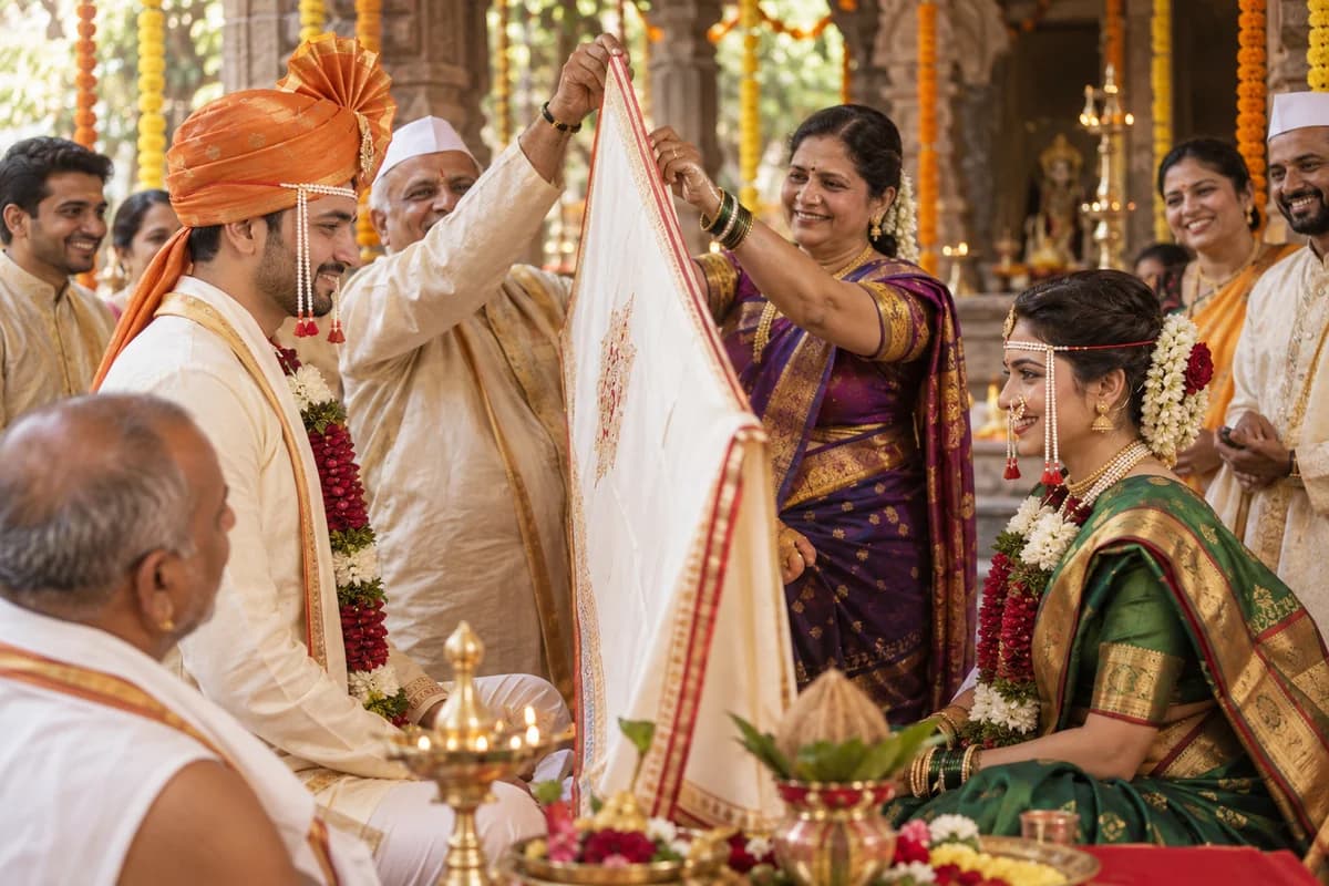 Illustrative AI-generated scene: Maharashtrian couple wearing mundavalya beside an antarpat cloth