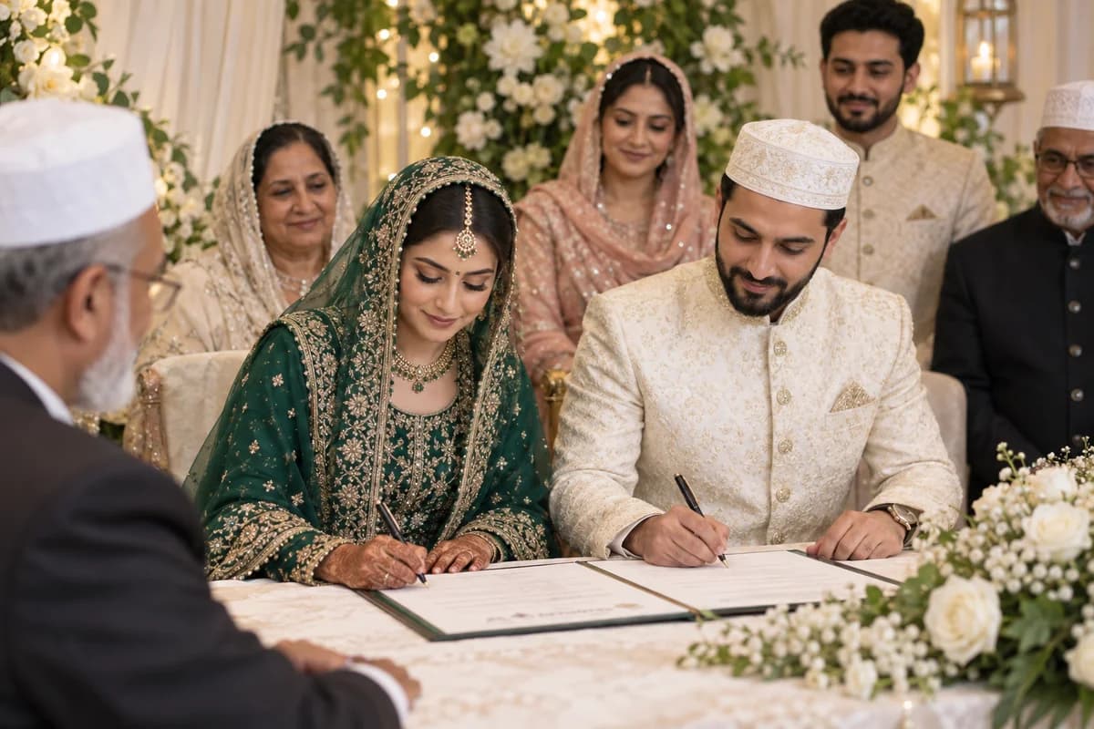Illustrative AI-generated scene: Indian Muslim couple signing marriage documents at their nikah