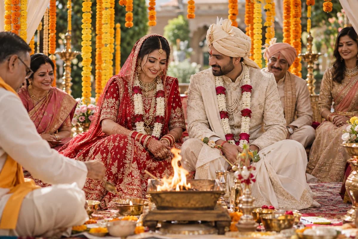 Illustrative AI-generated scene: Couple beneath a marigold mandap beside a sacred fire