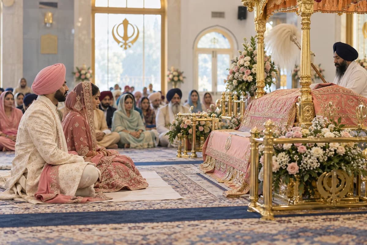 Illustrative AI-generated scene: Sikh couple with covered heads seated for Anand Karaj in a gurdwara