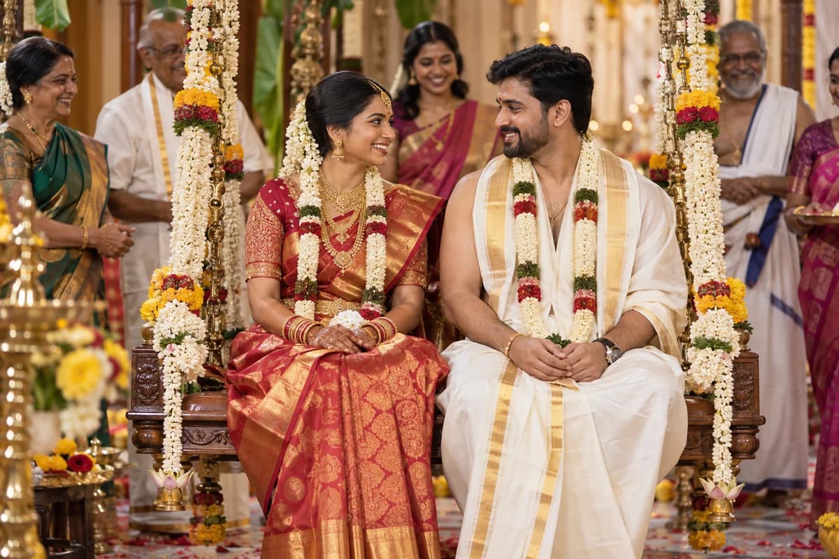 Illustrative wedding couple smiling together on a flower-decorated swing