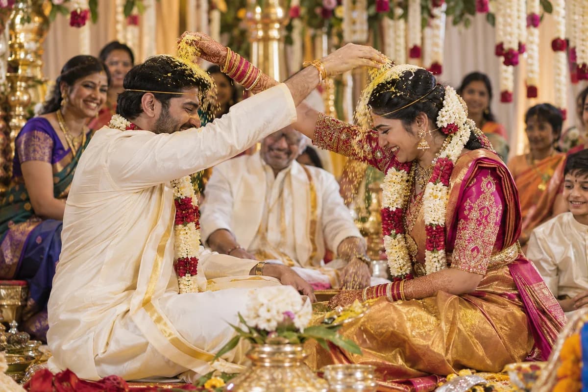 Illustrative AI-generated scene: Telugu wedding couple sharing a joyful talambralu rice shower